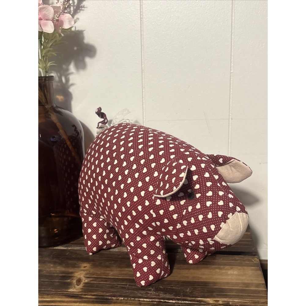 Quilted Piglet Burgundy With Pink Hearts Pillow/plush 11x7.5" Cottage Core